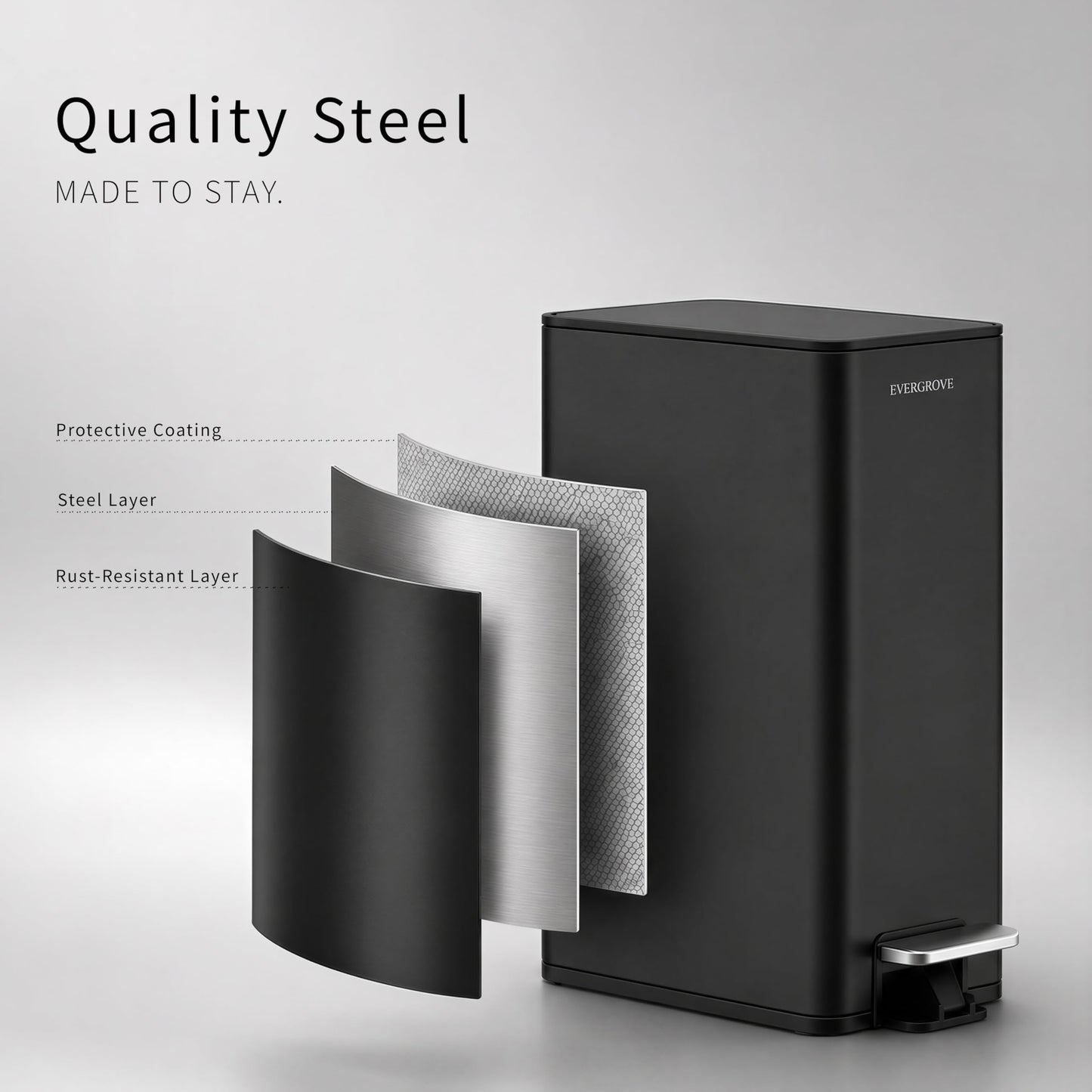 EverGrove 10L Slim Stainless Steel Bathroom Pedal Bin, Matte Black
