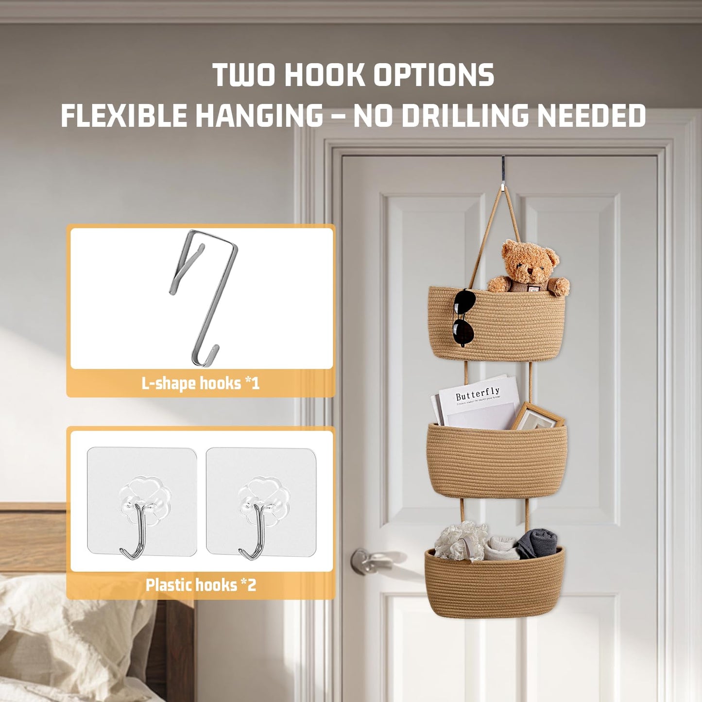 Autumnlife 3-Tier Over Door Storage Organiser, Woven Cotton Fabric Hanging Storage with Hooks, Space-Saving Back of Door Organiser for Bedroom