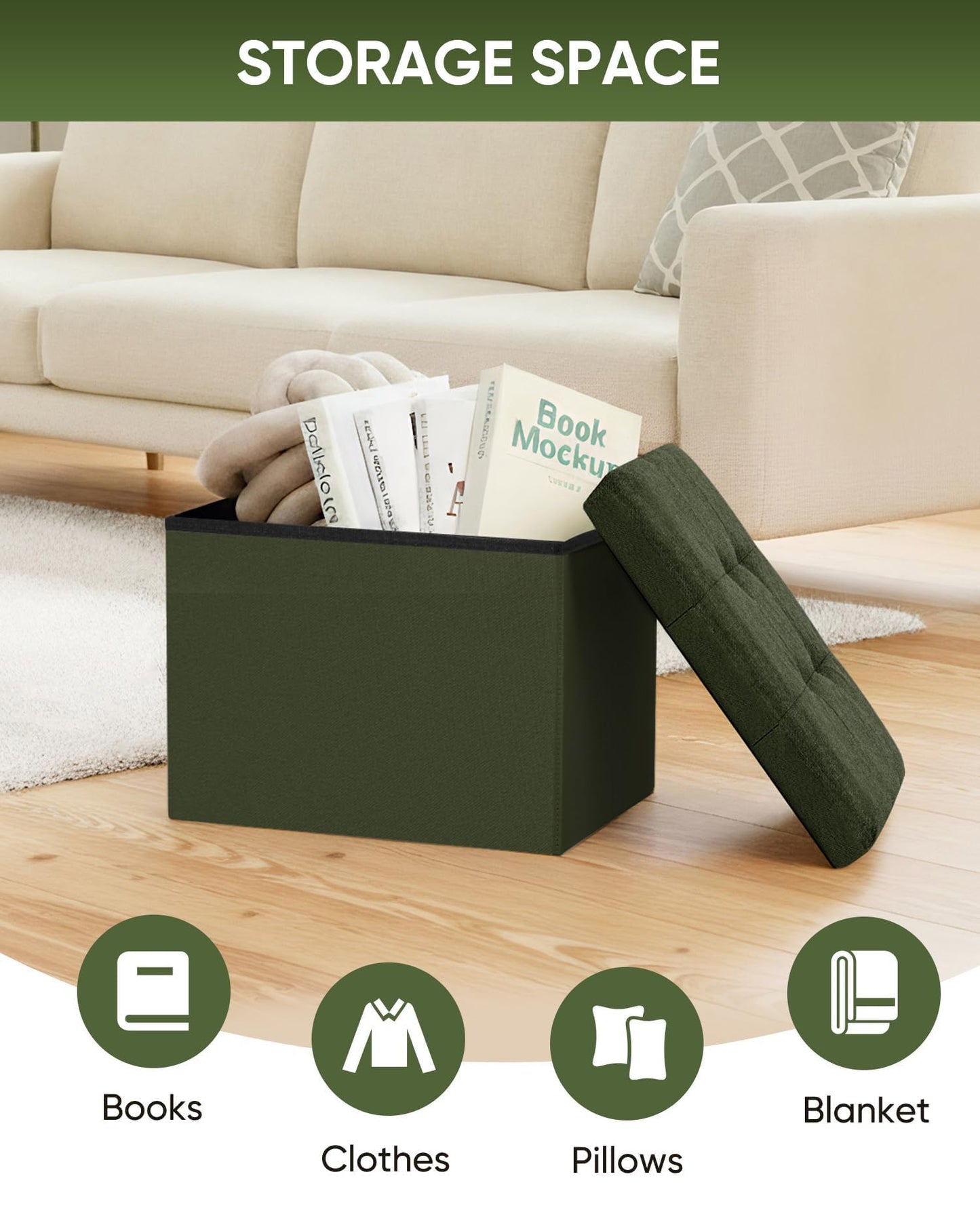 Bonlife Storage Ottoman, Folding Small Foot Rest,Toy Chest Storage Footrest Seat, Footstool for Living Room, Bedroom, Dorm, Linen,Olive,42x32x32cm