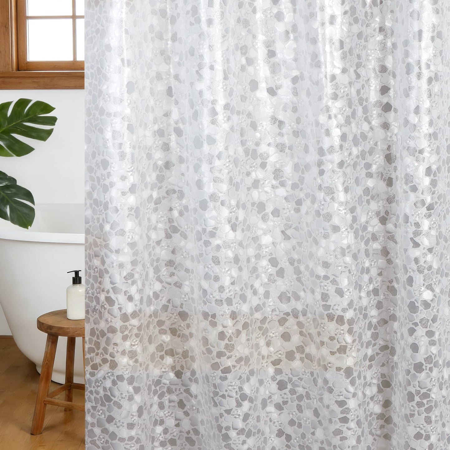 Minicoco PEVA Shower Curtain Mould Proof Mildew Resistant Waterproof Shower Curtains for Bathroom with Magnets and 12 Hooks Clear 3D Pebble Bathroom