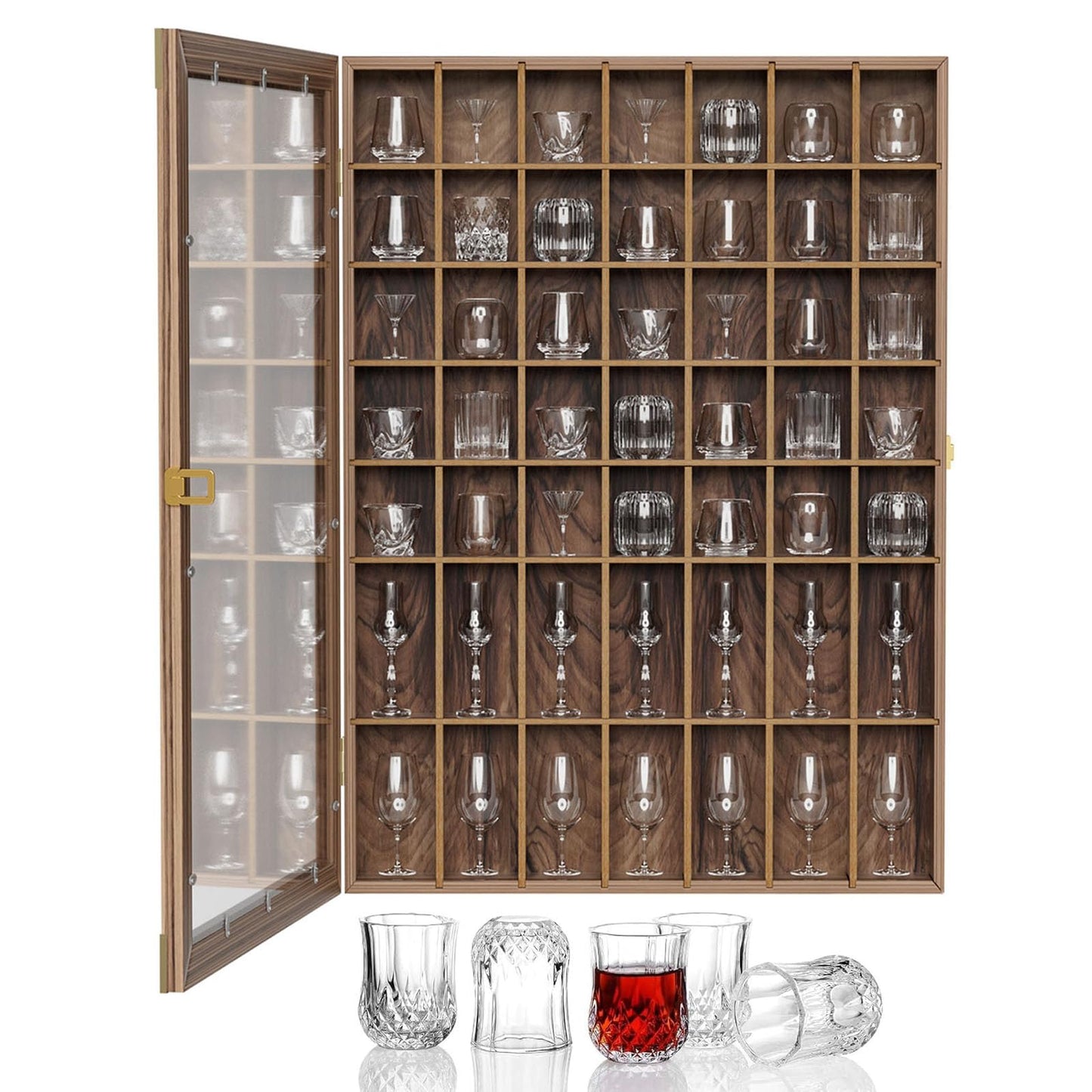ybaymy Shot Glass Display Case 49 Shot Glass Holder with Removable Shelve Wall Mounted Shadow Box Lockable with UV Protection Acrylic Glasses Door