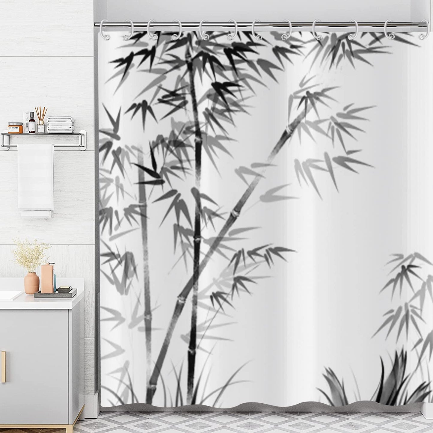 ASDCXZ Shower Curtain Bamboo 180x200 cm, Elegant Simple Black Bamboo Leaves Washable Bath Shower Curtains Polyester Textile Waterproof Outdoor Shower