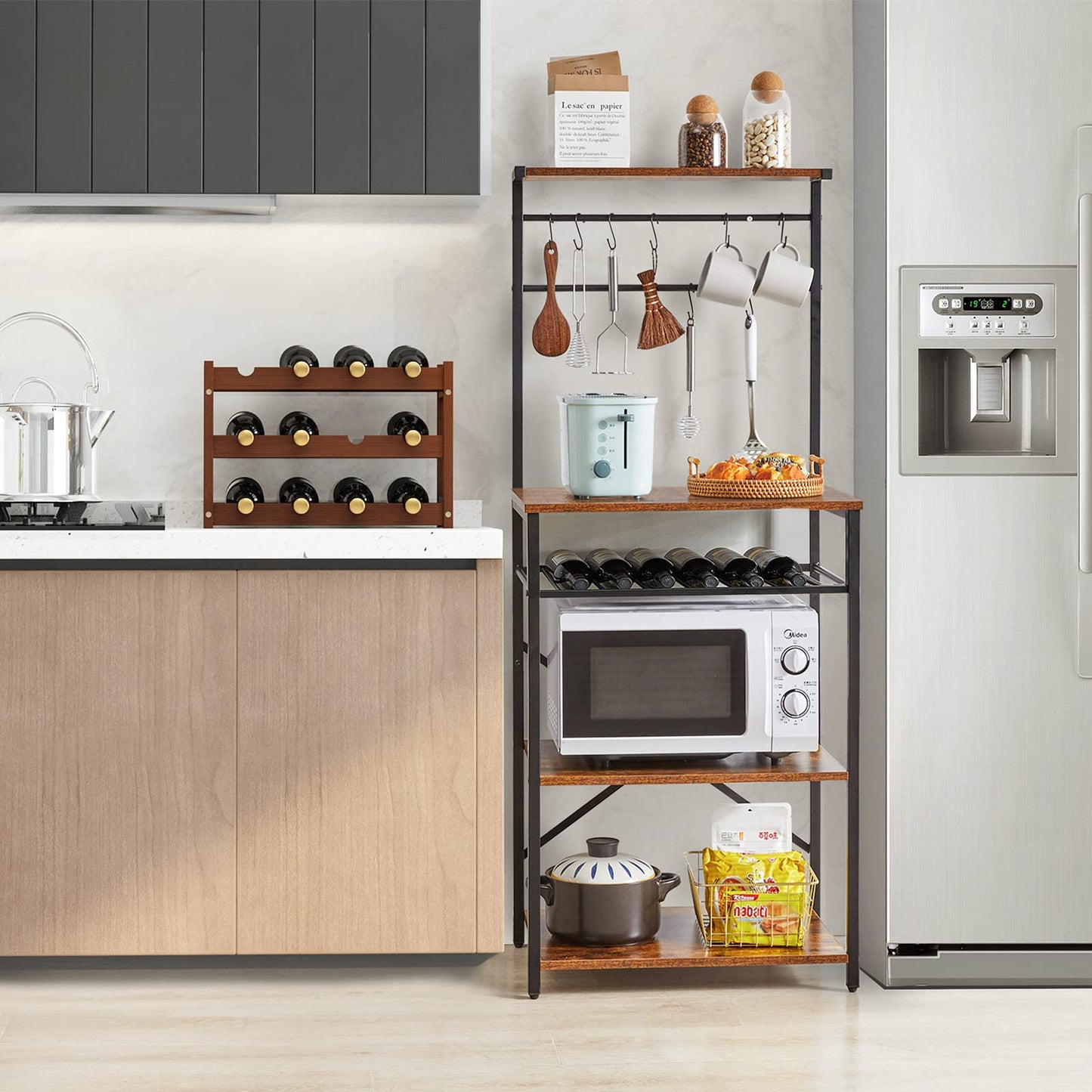 YMYNY Kitchen Baker's Rack, Microwave Oven Stand with Storage Shelves, Industrial Coffee Bar Station, with Adjustable Wine Holders and S-Hooks