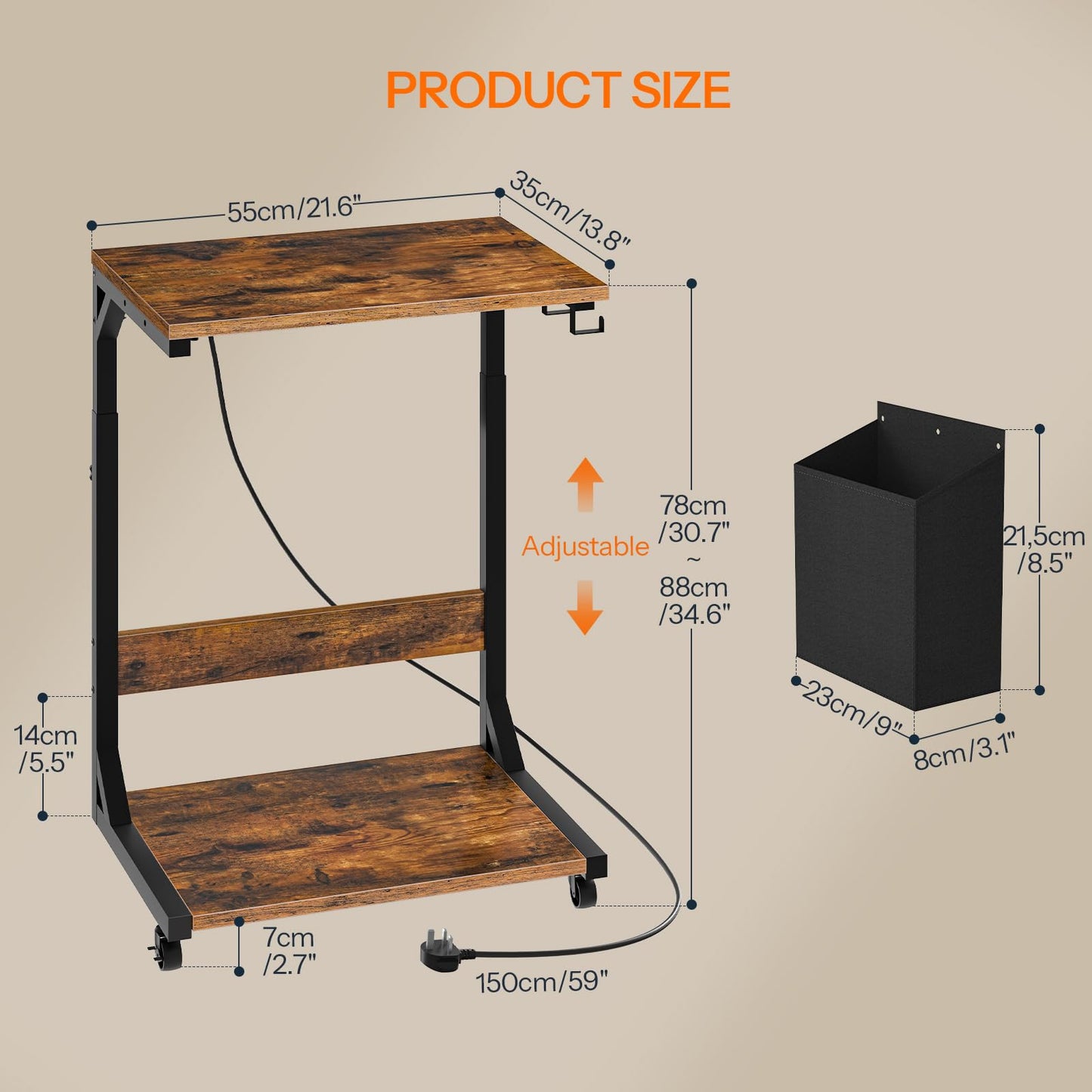 HOOBRO Computer Tower Stand, Printer Stand with Charging Station on Wheels, Height Adjustable PC Stand with 2 Hooks and 1 Fabric Pocket