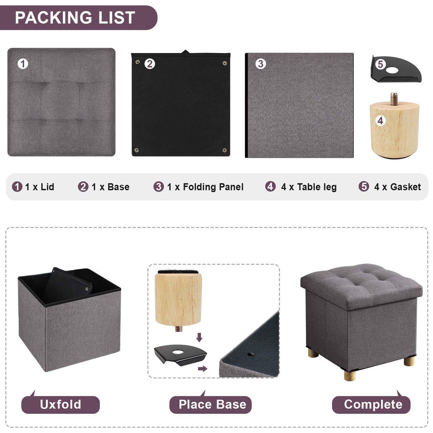 BRIAN & DANY Folding Ottoman Storage Box with Wood Legs, Linen Foot Stool, Footstool with Storage, Highly Elastic Sponge Filling, Brown, 38 x 38 x 38
