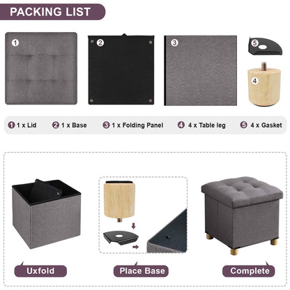 BRIAN & DANY Folding Ottoman Storage Box with Wood Legs, Linen Foot Stool, Footstool with Storage, Highly Elastic Sponge Filling, Brown, 38 x 38 x 38
