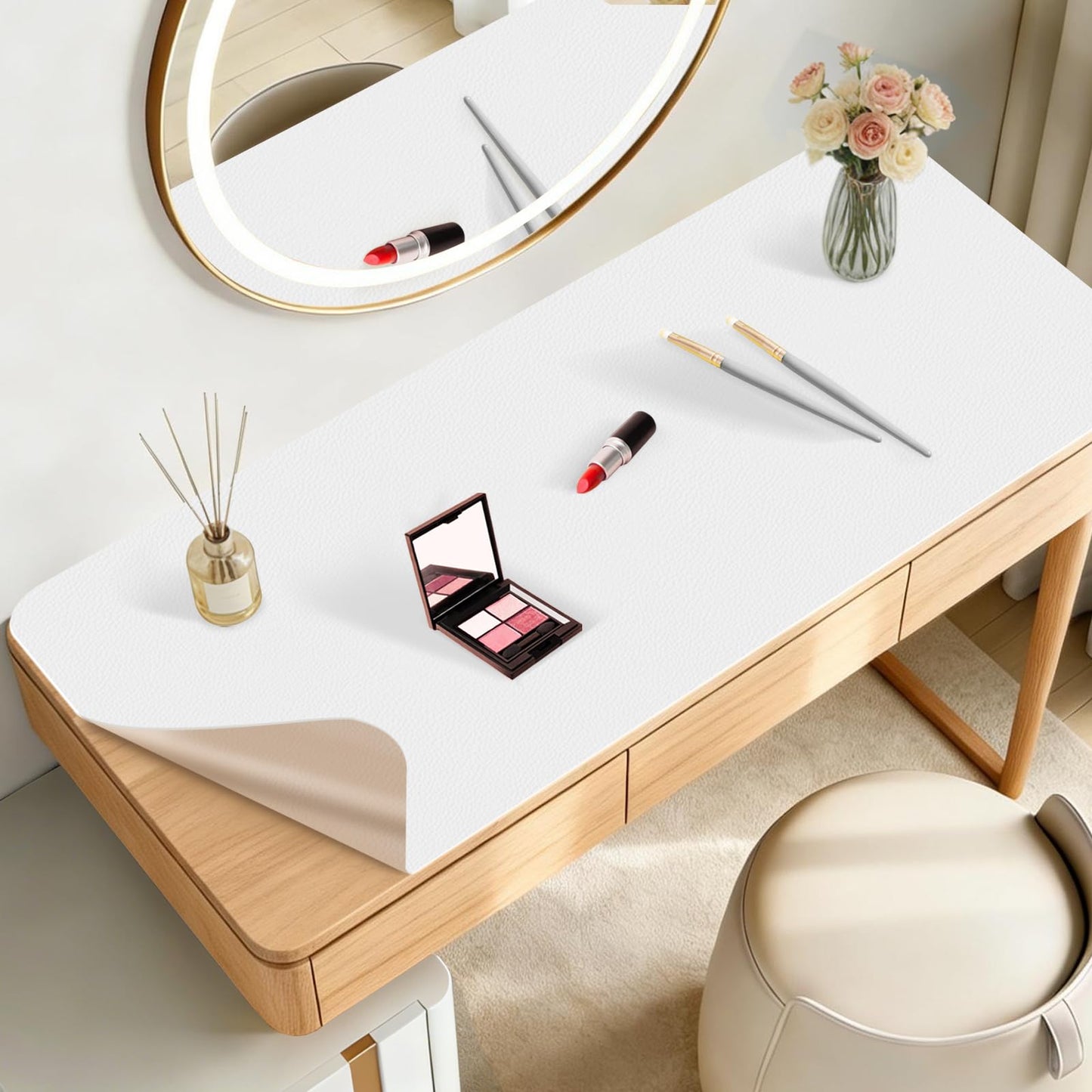 Dressing Table Mat Protector for Makeup Vanity, 50x30cm, White and Khaki