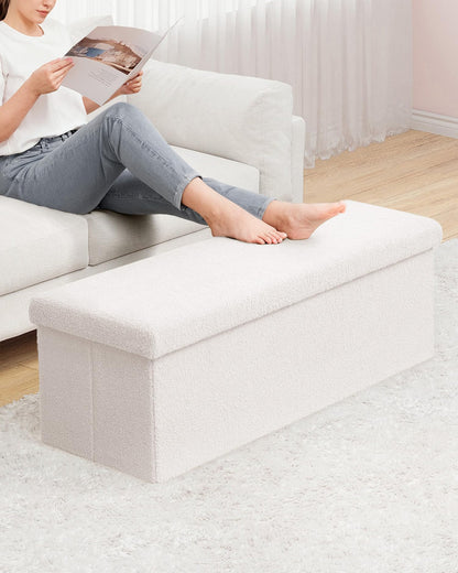 Bonlife Folding Ottoman Storage Bench,Boucle Footstool for Living Room,End of Bed Bench,Sherpa Ottomans Foot Rest,140L Storage Space,White,110x38x38cm