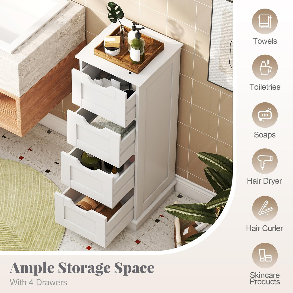 RELAX4LIFE Bathroom Floor Cabinet, Wooden Side Cabinet Narrow Storage Cupboard with 2/4 Drawers