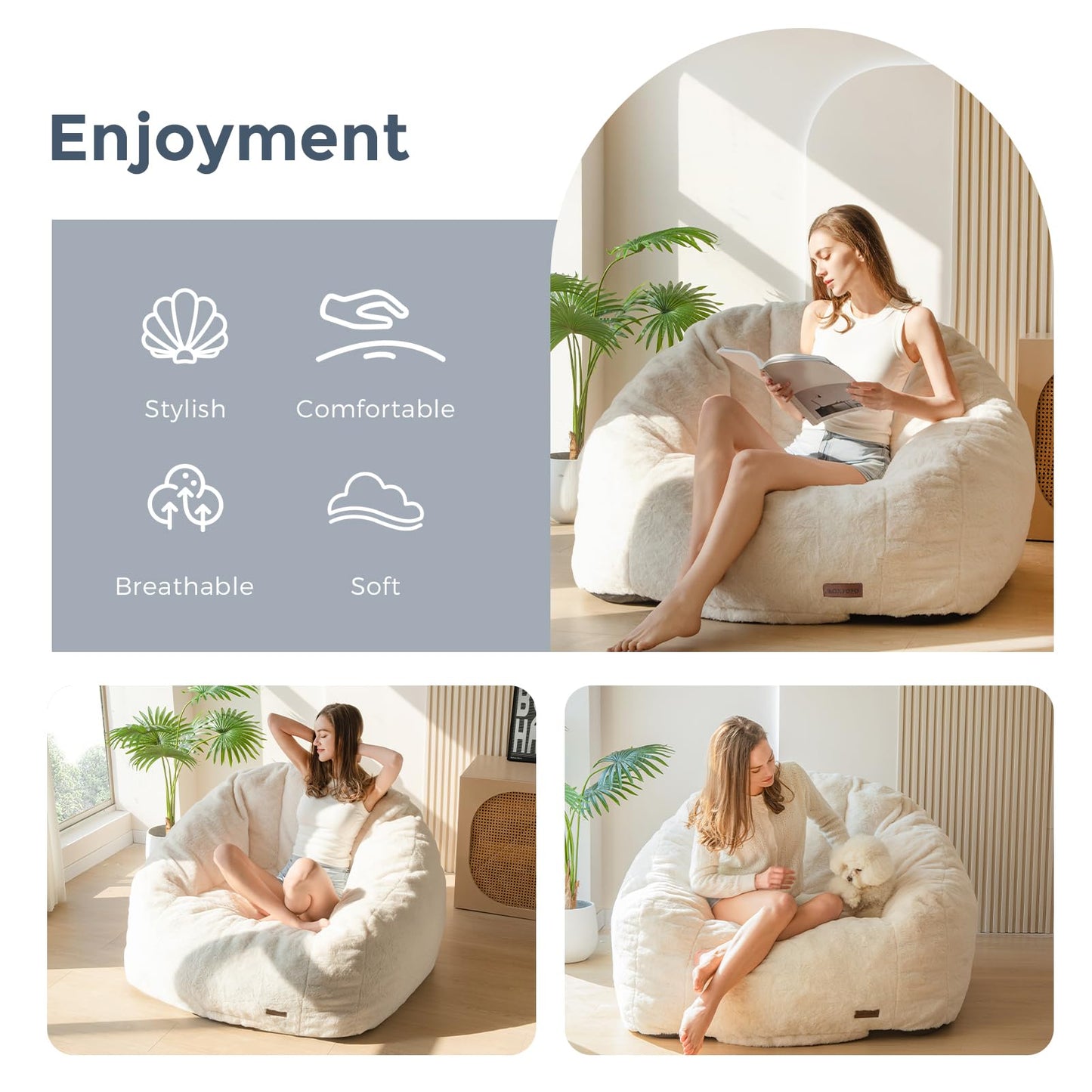 MAXYOYO Giant Bean Bag Chair,Faux Fur Shell Shaped Bean Bag Sofa with Filler,Soft Beanbag Sofa Giant Size for Living Room Bedroom