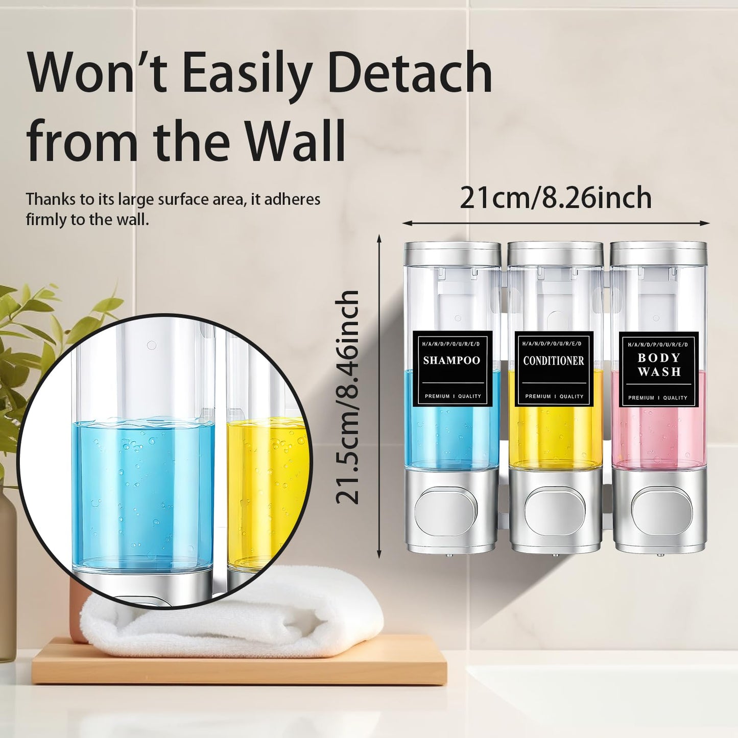 3 Chamber Shampoo and Conditioner Dispenser, Wall Mounted, 300 ml, Silver