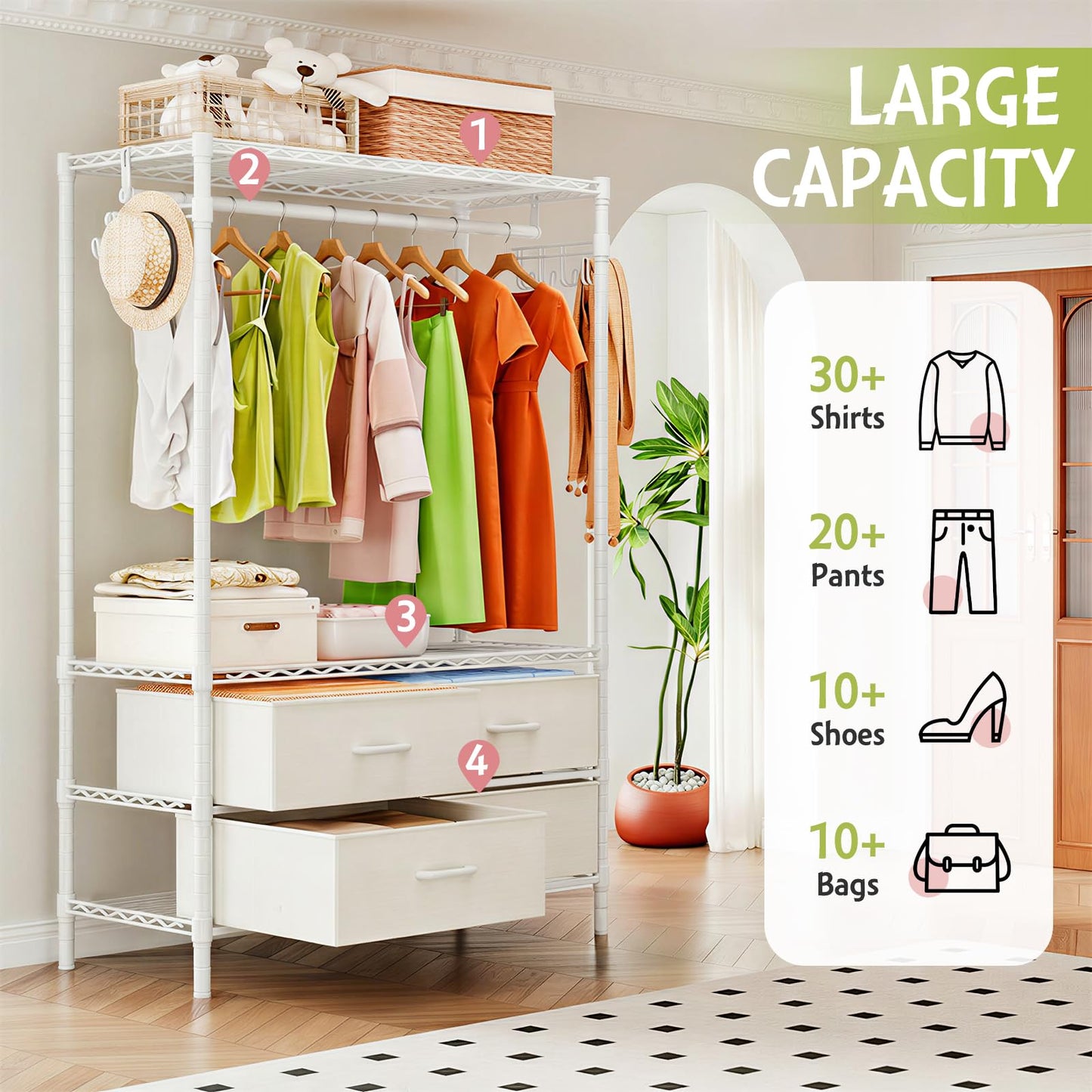 FTEYUET Clothes Rail Heavy Duty for Hanging Clothes with 4 Fabric Drawers