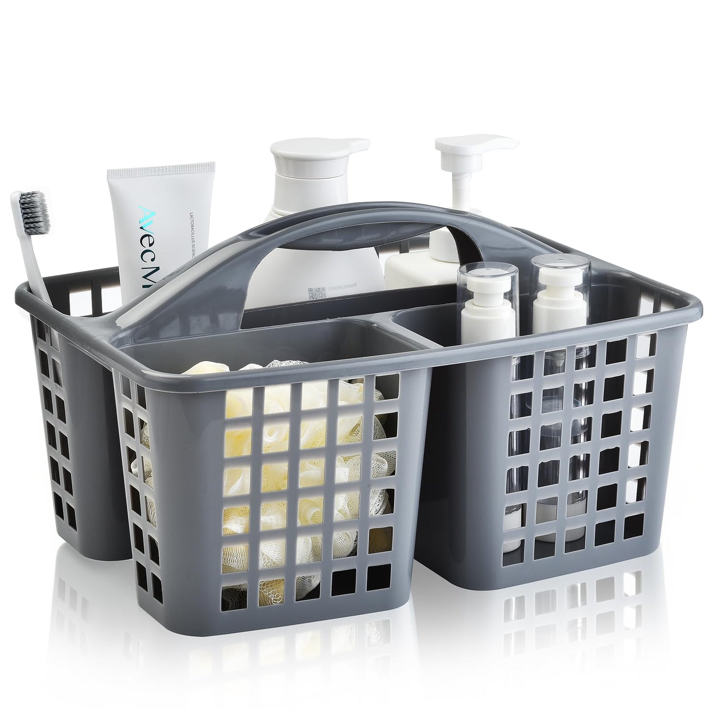 ALINK Plastic Shower Caddy Basket with Compartments, Portable Divided Cleaning Supply Storage Organizer with Handle for College Dorm Bathroom-Grey