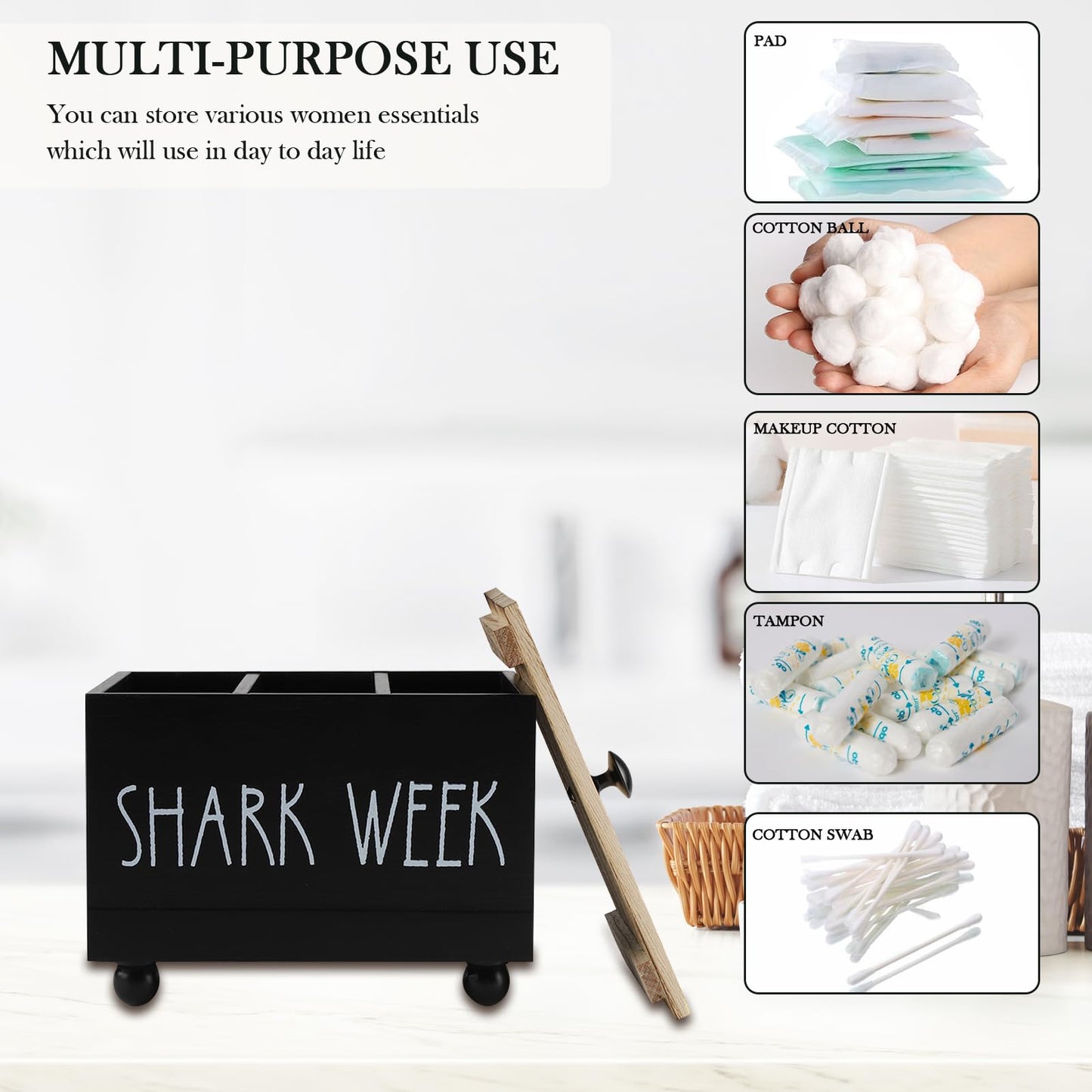 Gzsekken Tampon Holder for Bathroom with Lid,Shark Week Period Box Sanitary Products Organiser for Bathroom