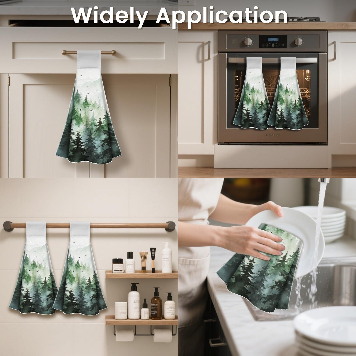 CUTHOLLOW 2 Pcs Watercolor Forest Hanging Kitchen Towels with Loop