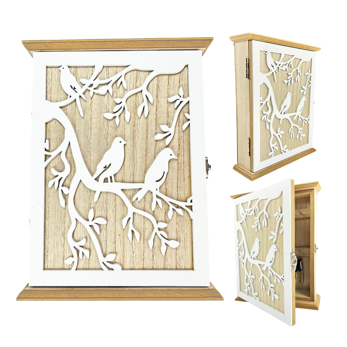 Wooden Key Cabinet, White Bird Wood Key Cupboard Wall Mounted Vintage Wooden Key Storage Box 26 × 20 × 6cm with 6 Hooks Can Store Jewelry and Small