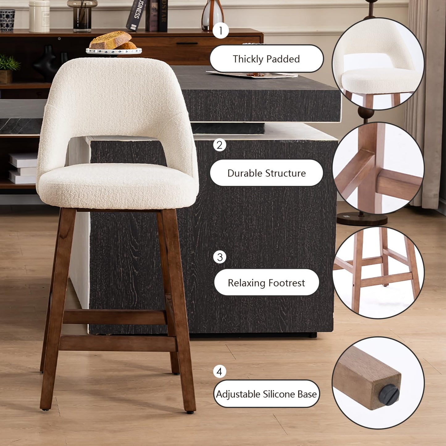 Kidol&Shellder Bar Stools Set of 2, 67cm Counter Height Bar Chairs, White