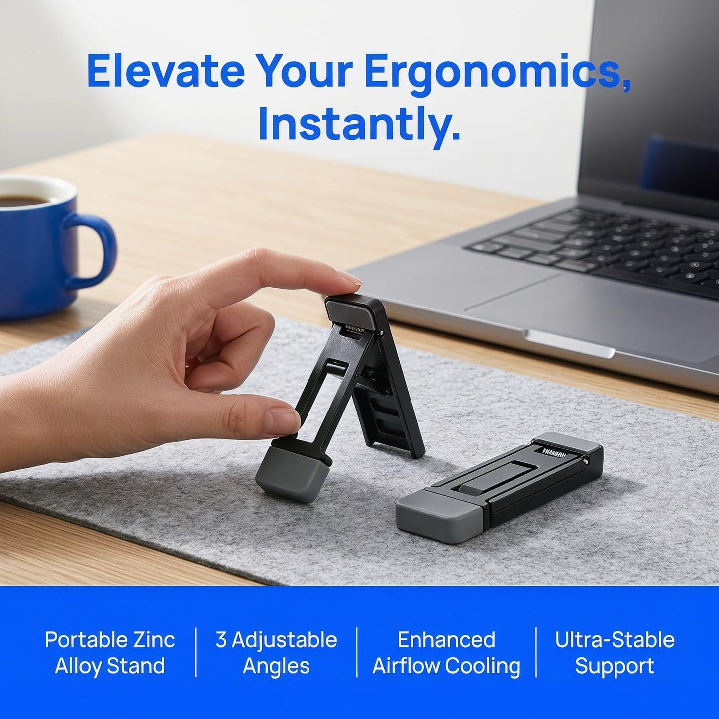 2 Pcs Portable Keyboard Riser, Zinc Alloy Mini Laptop Stand with 3 Adjustable Tilt Angles, Invisible Foldable Keyboard Stand for Desk