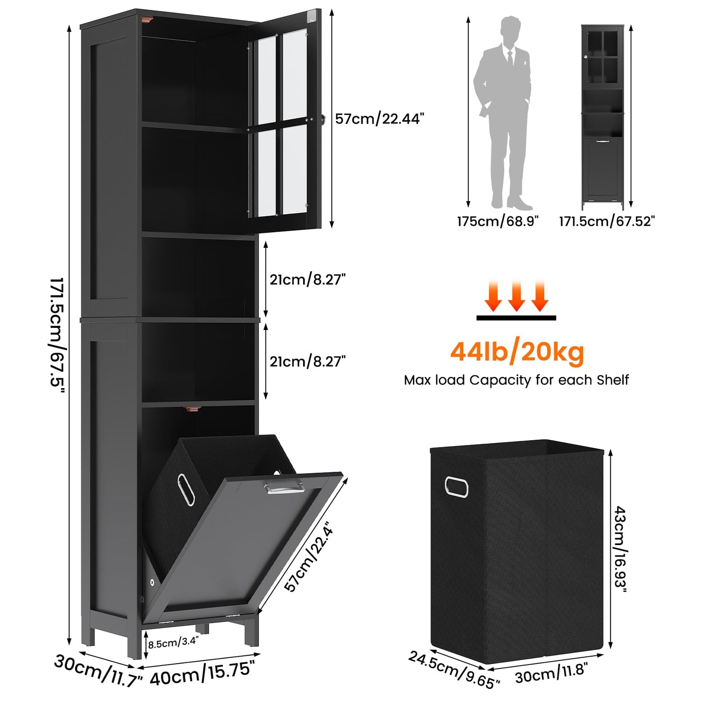 Feonase Tall Bathroom Cabinet with Removable Laundry Basket, Slim Freestanding Storage Organizer with Acrylic Door and 4 Shelves for Bathroom