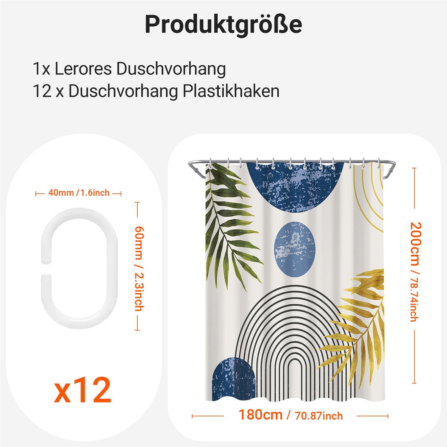 Lerores Shower Curtain, 180 x 200 cm, Blue Leaves Line, Weighted Hem, Anti-Mould Textile, Water-Repellent