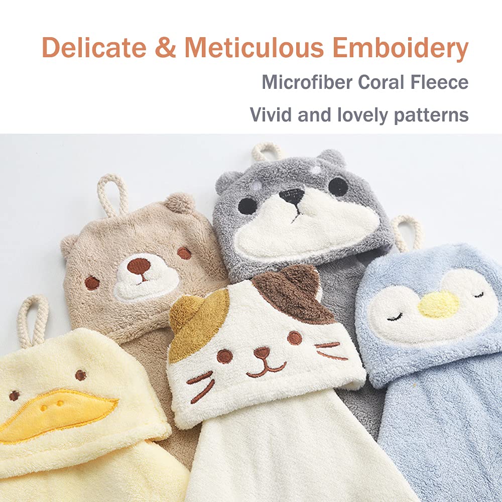 PRATIQUE 5 Pack Cute Hand Towels, Bathroom Towels with Hanging Loop, Children Hand Towel Animals