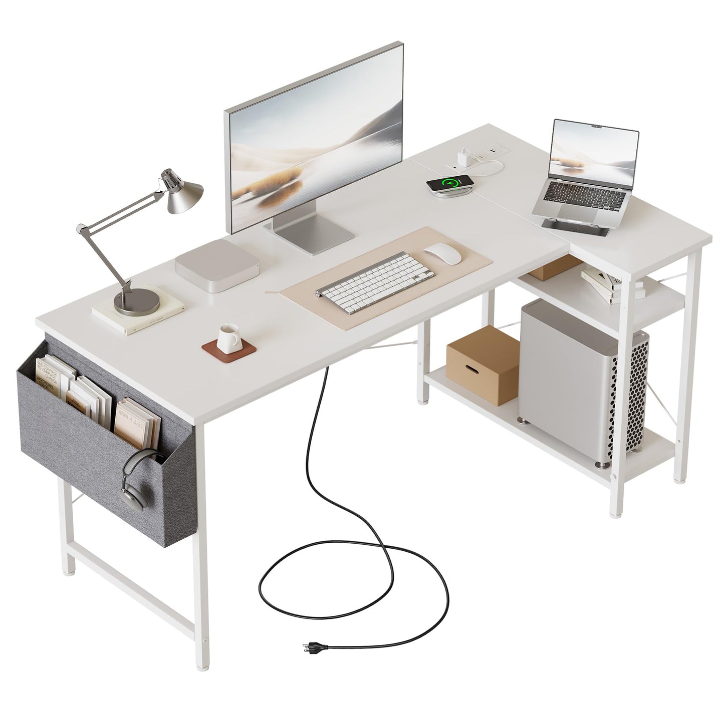 Mericonia Reversible Corner Desk, w. Power Outlets, 120x70cm, White