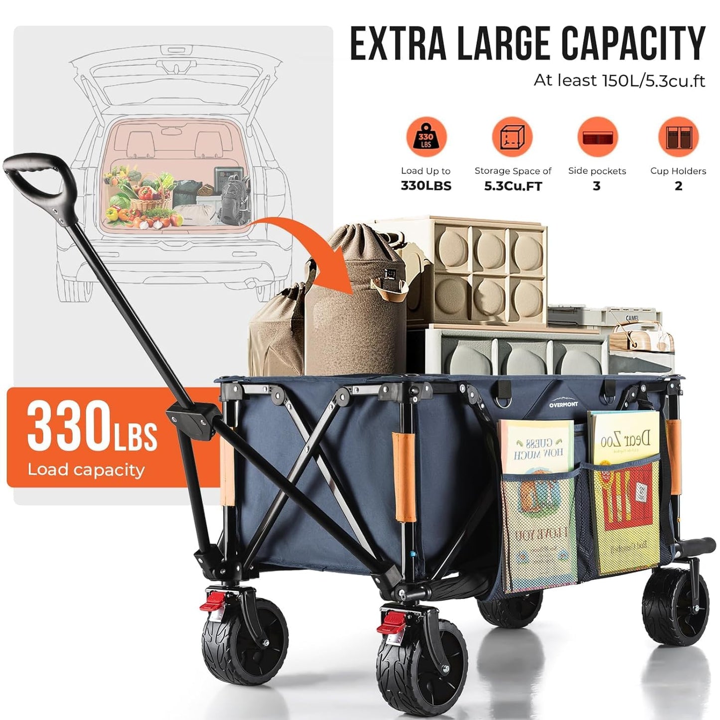 Overmont Festival Camping Trolley on Wheels - Heavy Duty Folding Beach Wagon Cart with Extra Wide Wheels, 330lbs Capacity, Adjustable Handle, Portable
