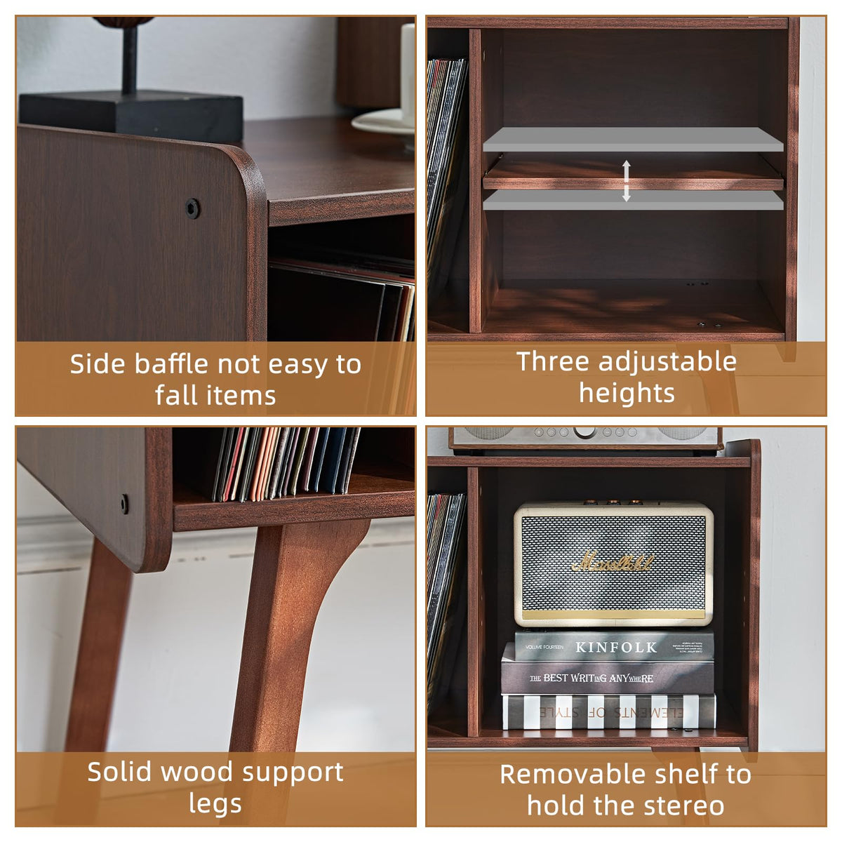LELELINKY Record Player Stand, 4 Compartments, Holds Up to 220 Records