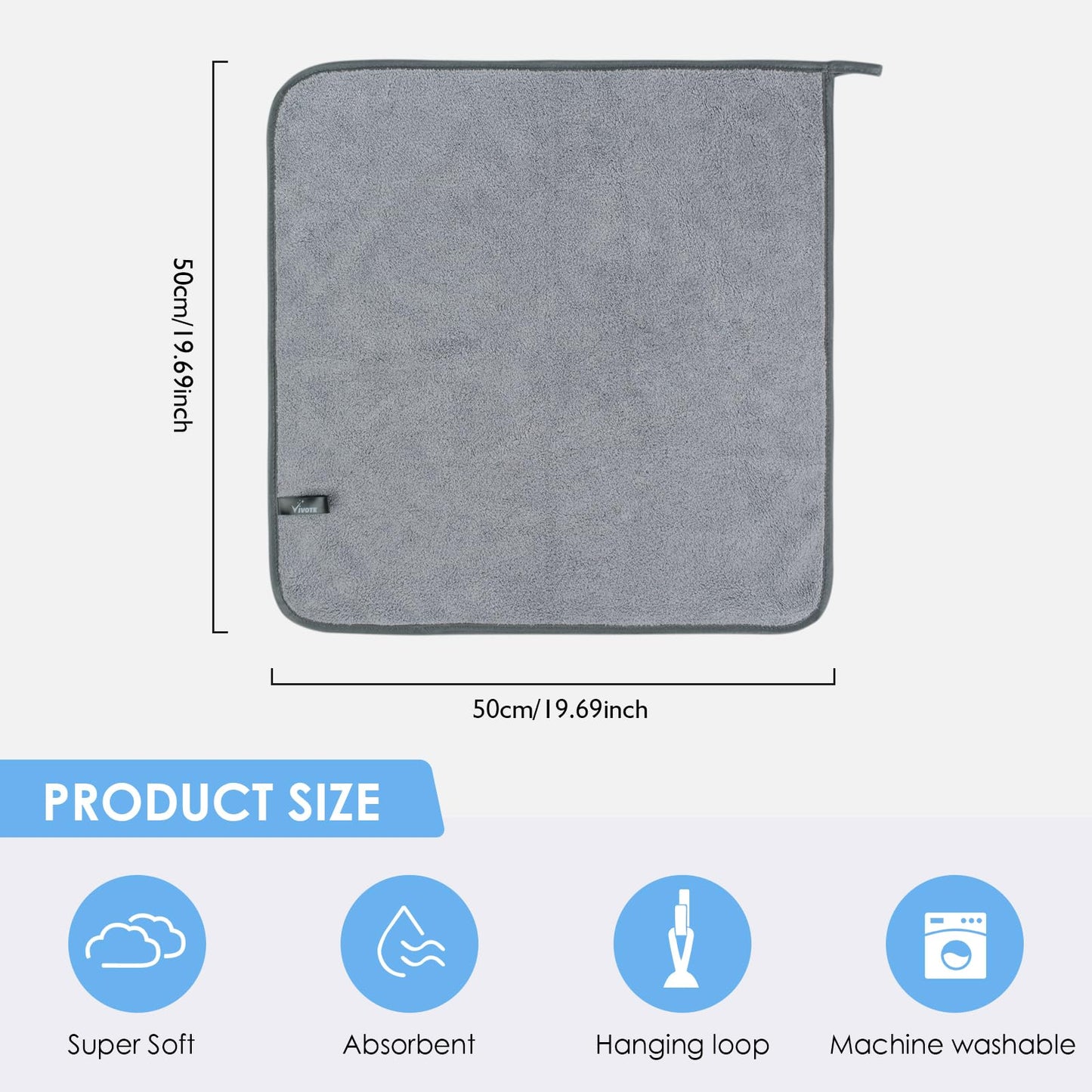VIVOTE Microfiber Hand Towel Quick Dry Hand Towels with Hanging Loop Gray