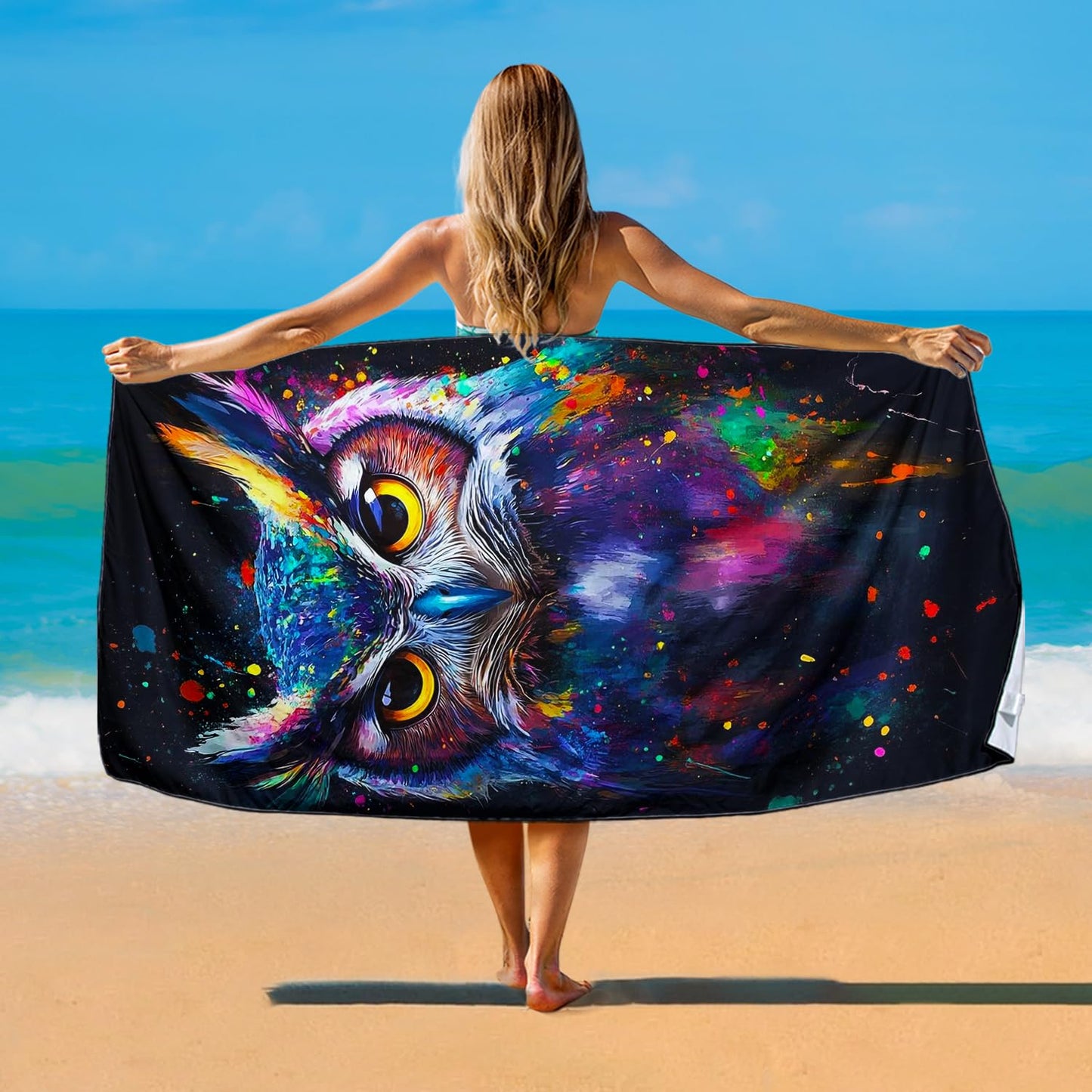 Violetpos Neon Owl Dragon Beach Towel, Extra Large 180x90 cm 250GSM Microfibre, Sand Free Quick Dry