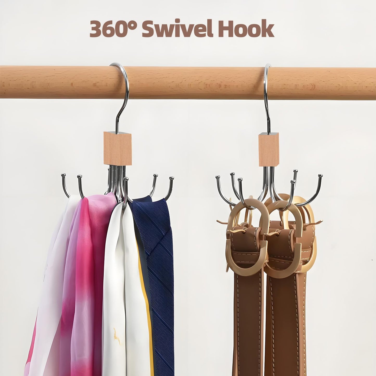 360° Swivel Belt Hanger for Wardrobe, Tie Rack Hanger for Men with 6 Hooks, Belt Storage Organiser, Tie hanger storage for Gloves, Scarves, Handbags