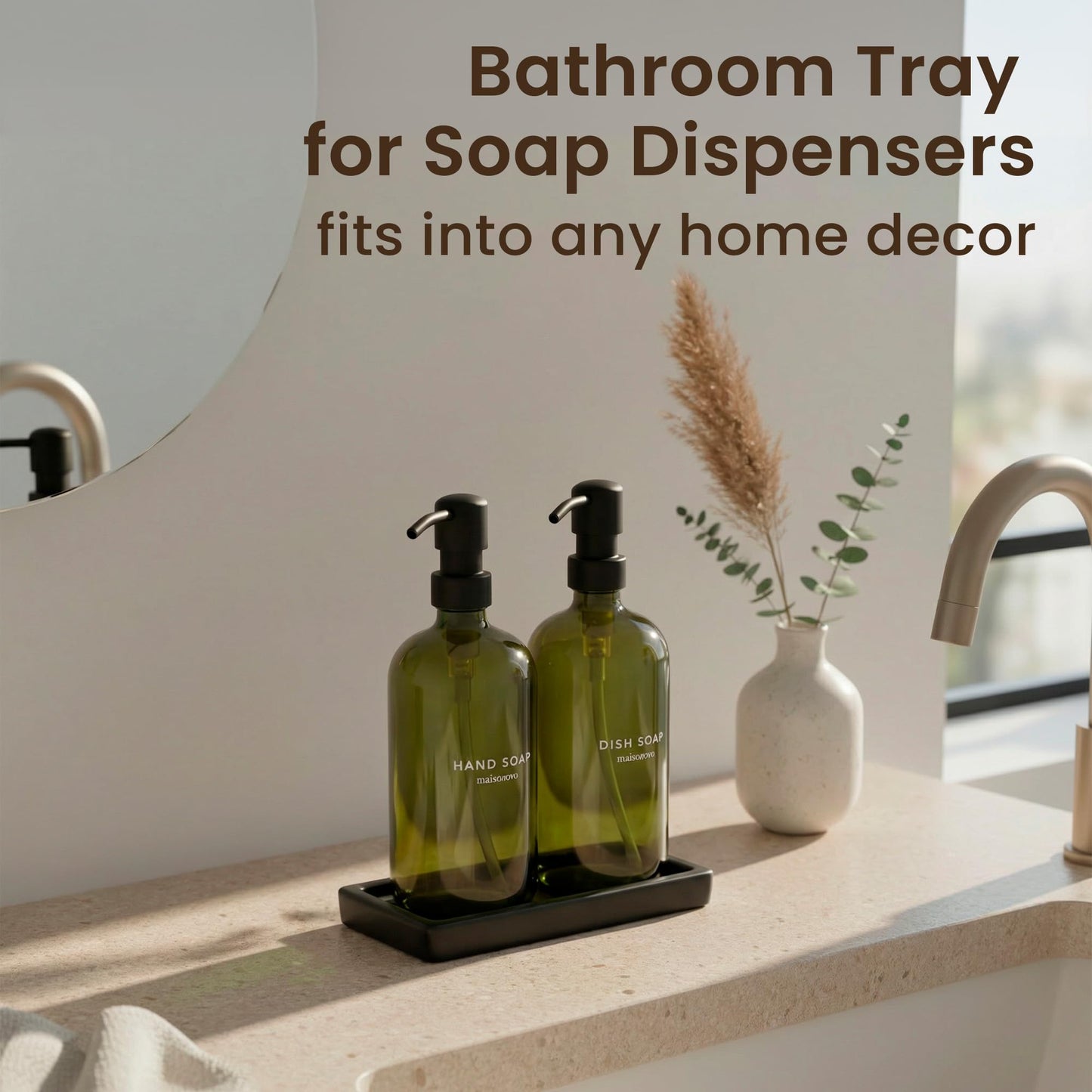 MaisoNovo Black Bathroom Tray Countertop - 7.4x5.1 inch Handcrafted Ceramic Kitchen Tray for Soap Bottles, Perfume, Jewelry - Moisture Resistant