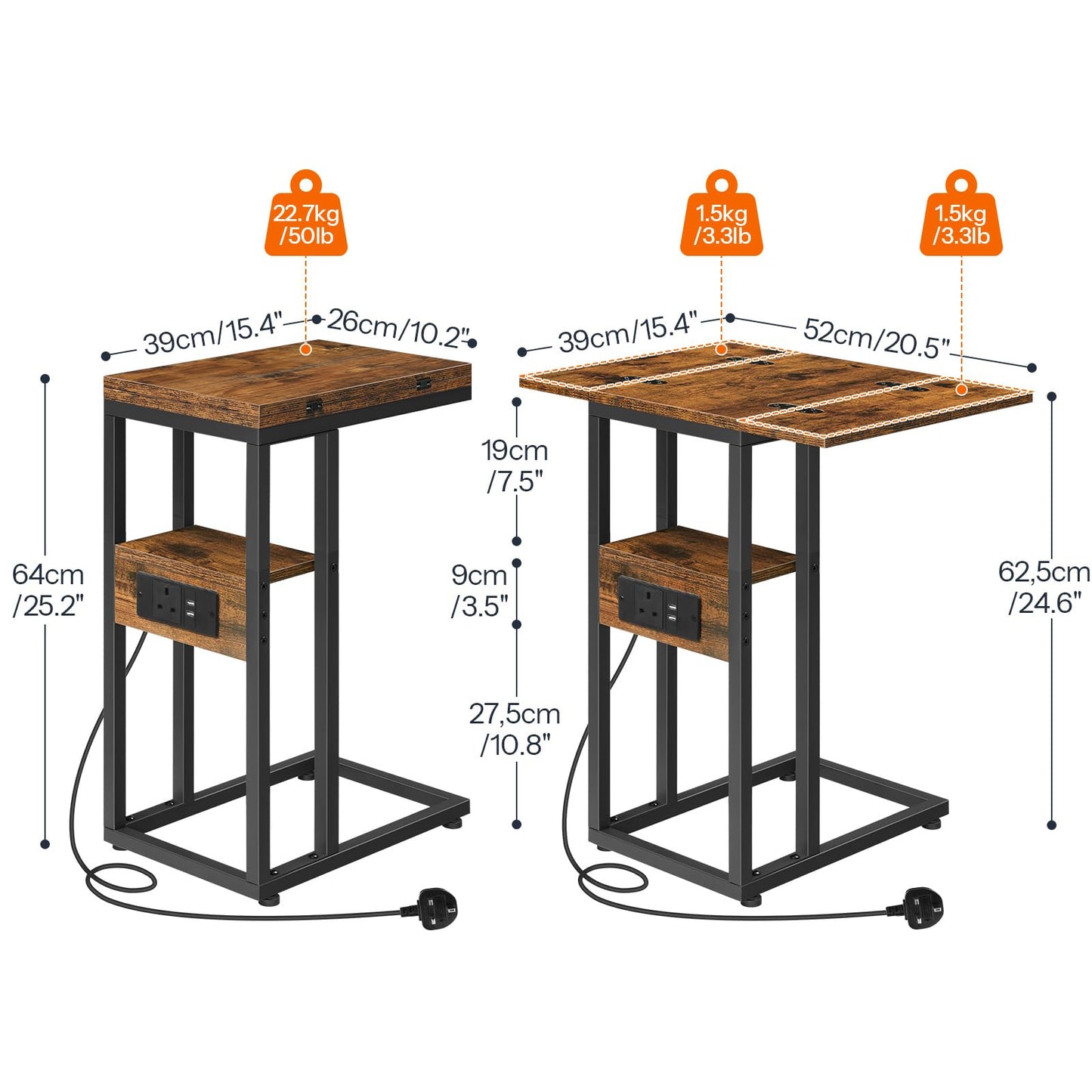 HOOBRO Foldable Side Table, Bedside Table with Charging Station, C Shaped Side Table with Storage Shelf