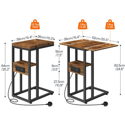 HOOBRO Foldable Side Table, Bedside Table with Charging Station, C Shaped Side Table with Storage Shelf