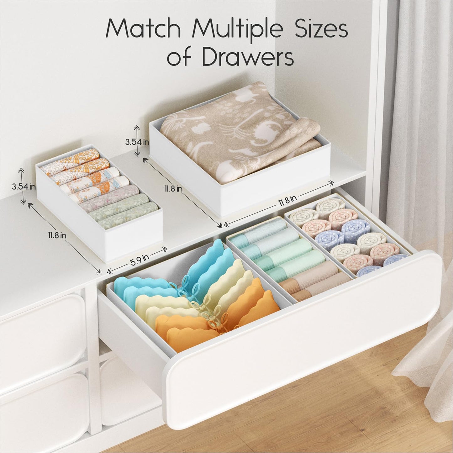 8 Pack Drawer Organiser Clothes - Baby Drawer Dividers with Zipper White