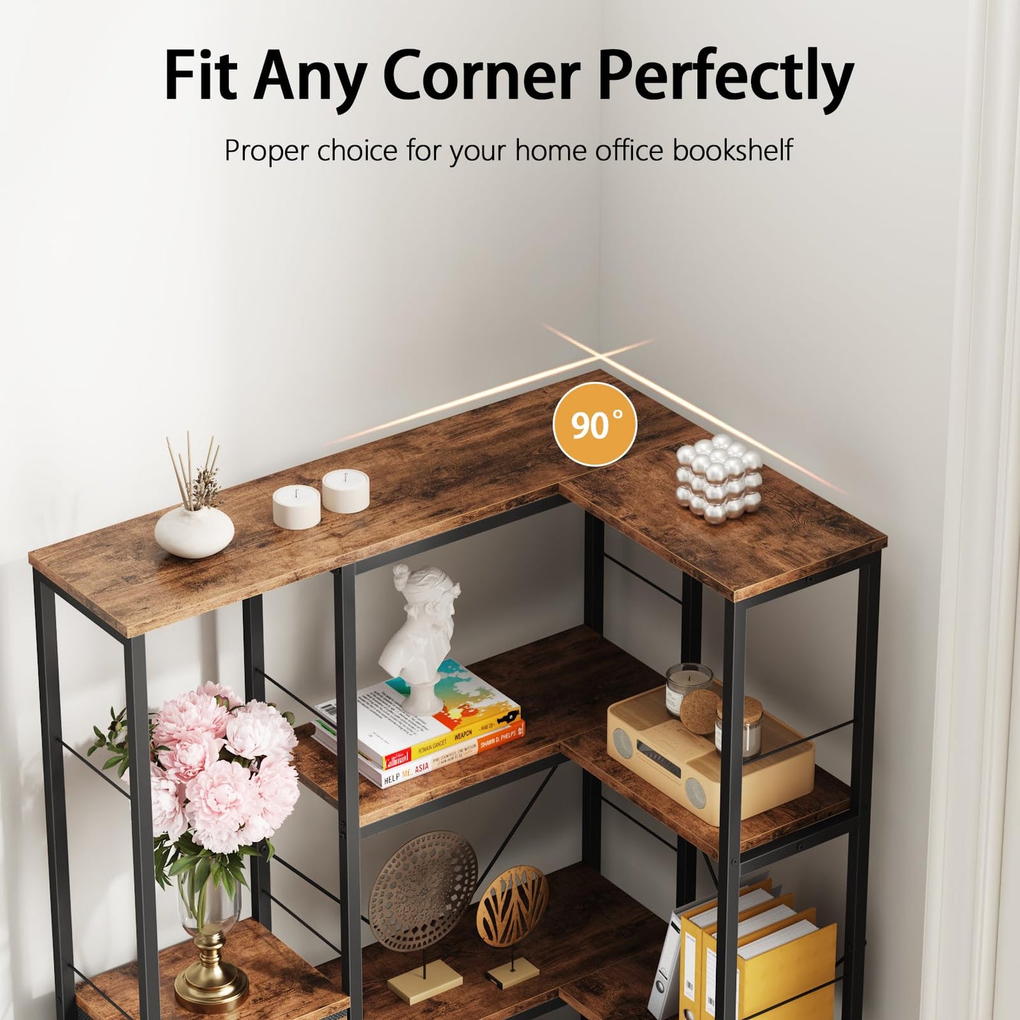 Corner Bookshelf Unit with 4 Fabric Drawers & LED Light, 5-Tier, Rustic