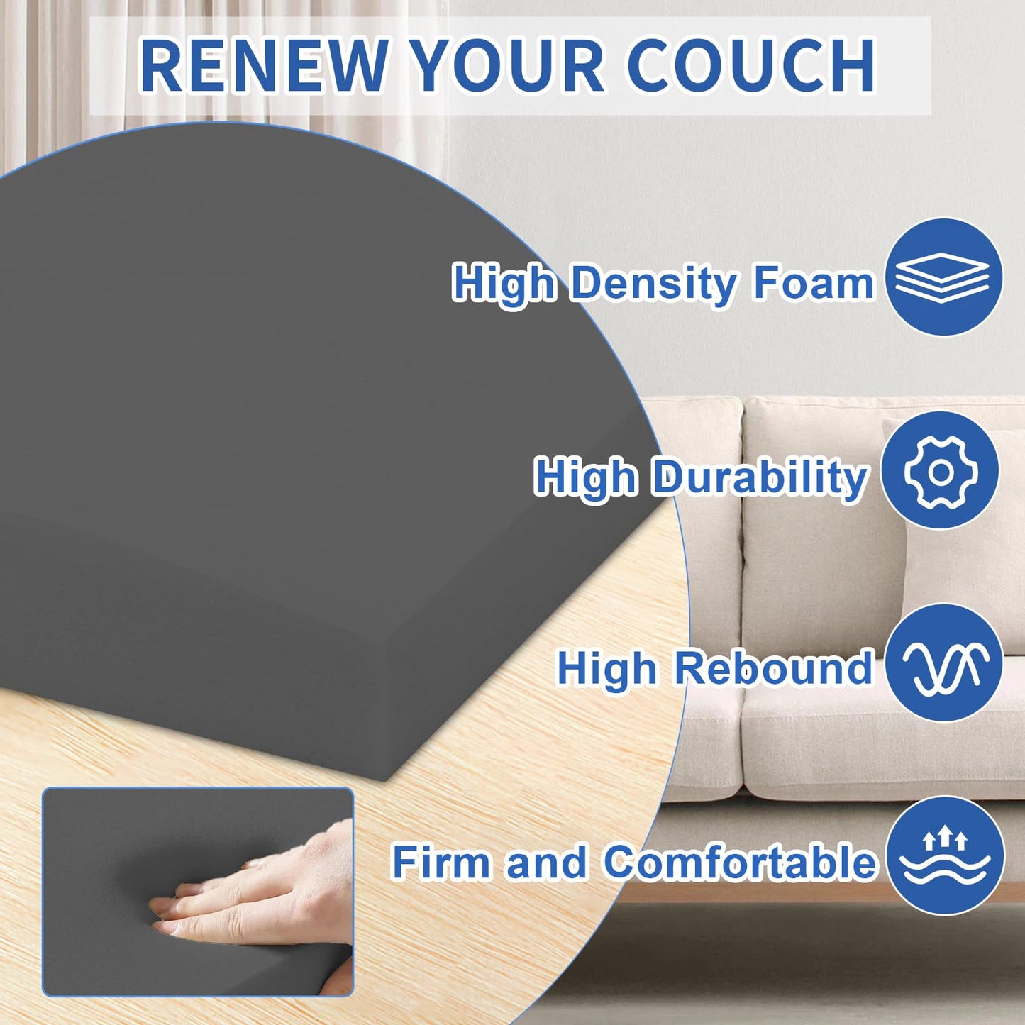 Lanswood Sofa Cushion Support for Sagging Seat 3Pack 50 x 50cm High-Density Sofa Support Cushions Foam Replacement Sofas Seat Cushions Under Cushion