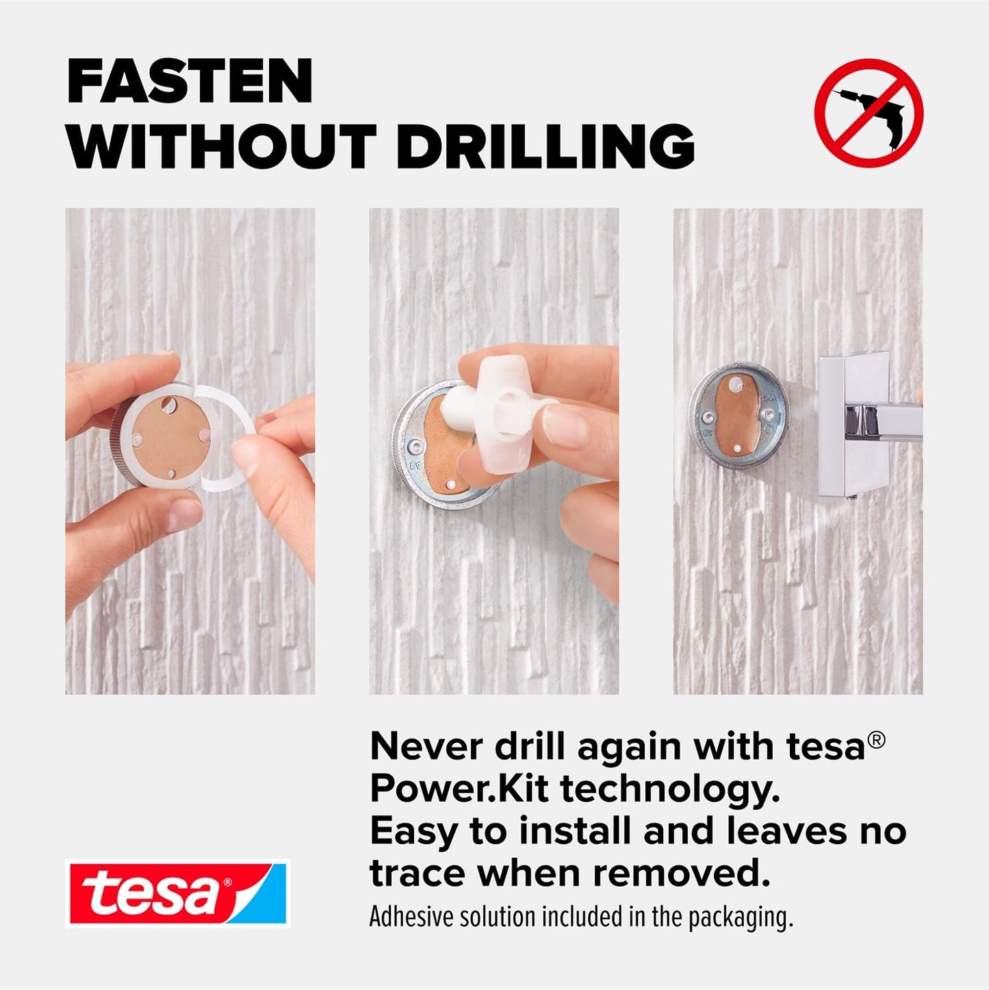 tesa DELUXXE Double Towel Holder - Wall-Mounted, Stainless-Steel Towel Holder with Two Swivel Arms - waterproof, incl. Power.Kit Adhesive Solution
