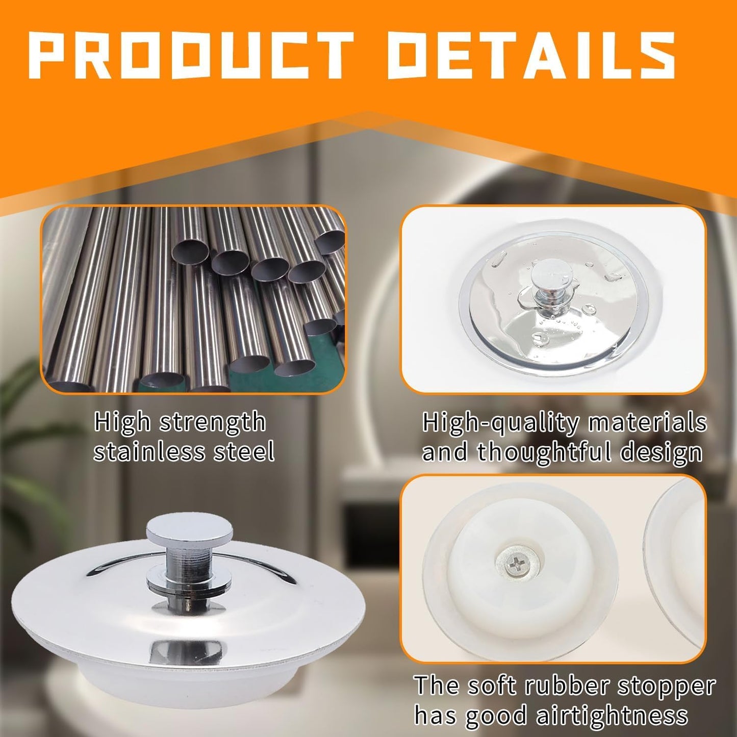 2PCS Universal Silicone and Stainless Steel Drain Stopper for Bathtubs, Showers, and Sinks - Leak-Proof and Easy to Clean