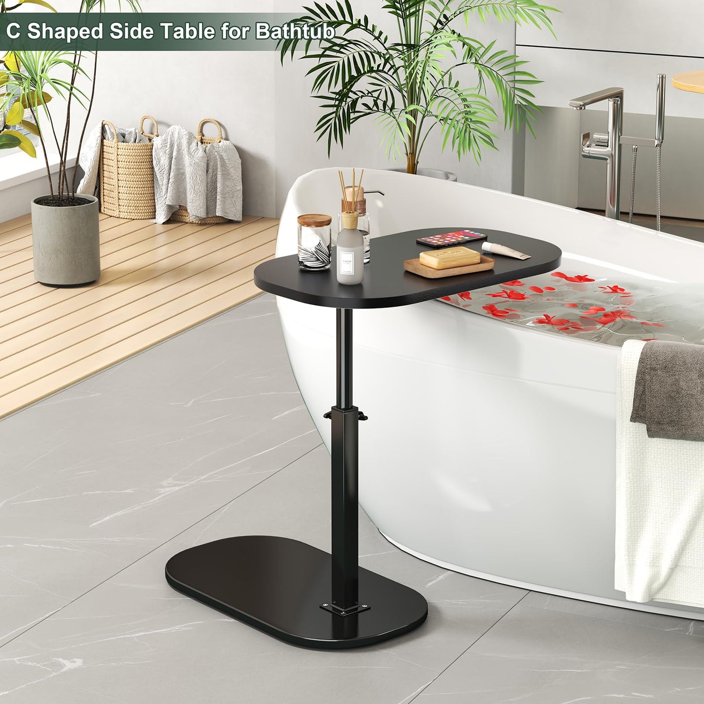 C Shaped Side Table Adjustable Height, 360°Swivel Sofa Side Table That Slide Under, Small Coffee End Table for Couch and Bedside