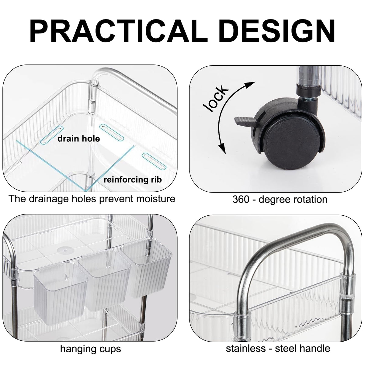 Speclux 3-Tier Clear Acrylic Rolling Storage Trolley on Wheels with Bonus Hanging Cups, Lockable Wheels & Handle