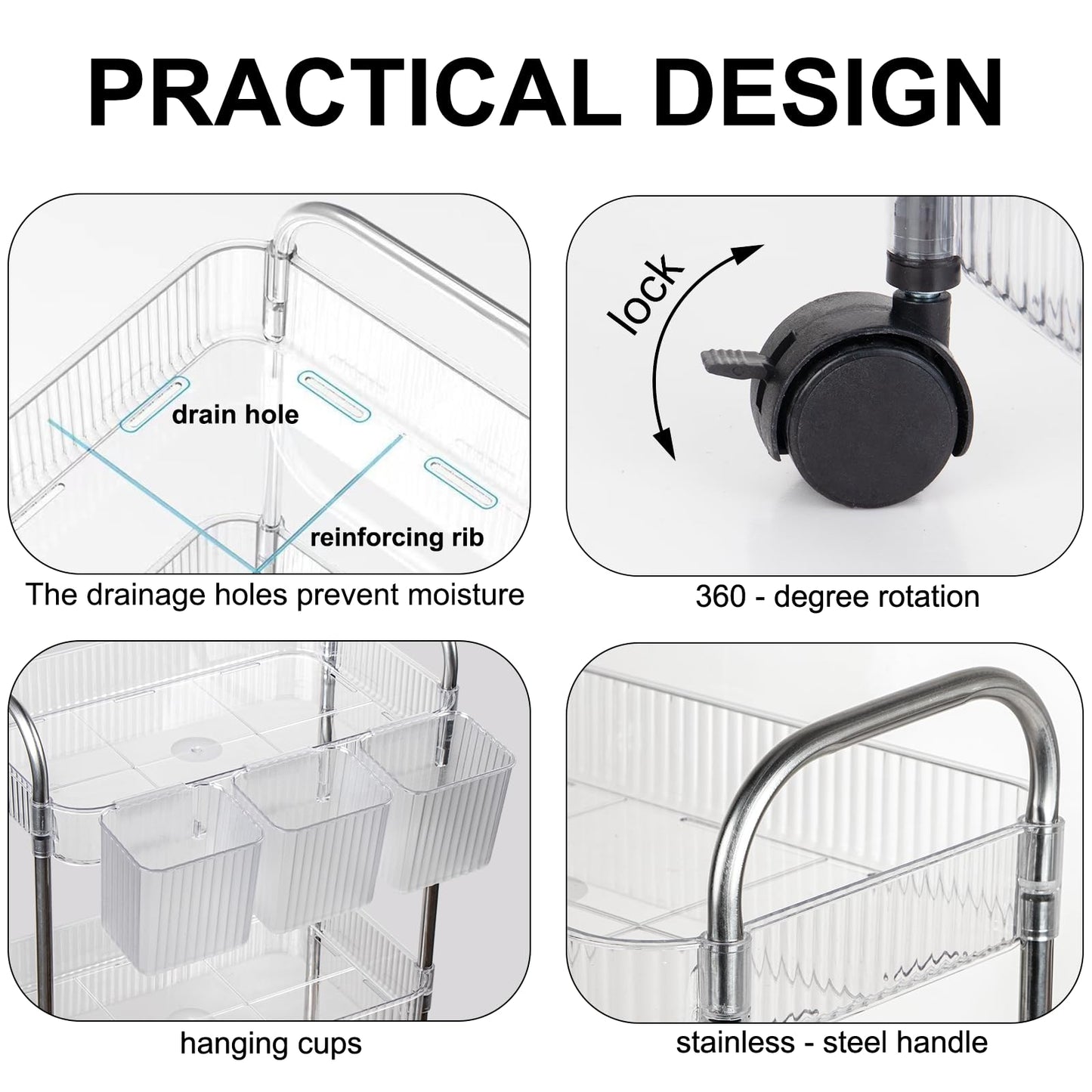 Speclux 4-Tier Clear Acrylic Rolling Storage Trolley on Wheels with Bonus Hanging Cups, Lockable Wheels & Handle