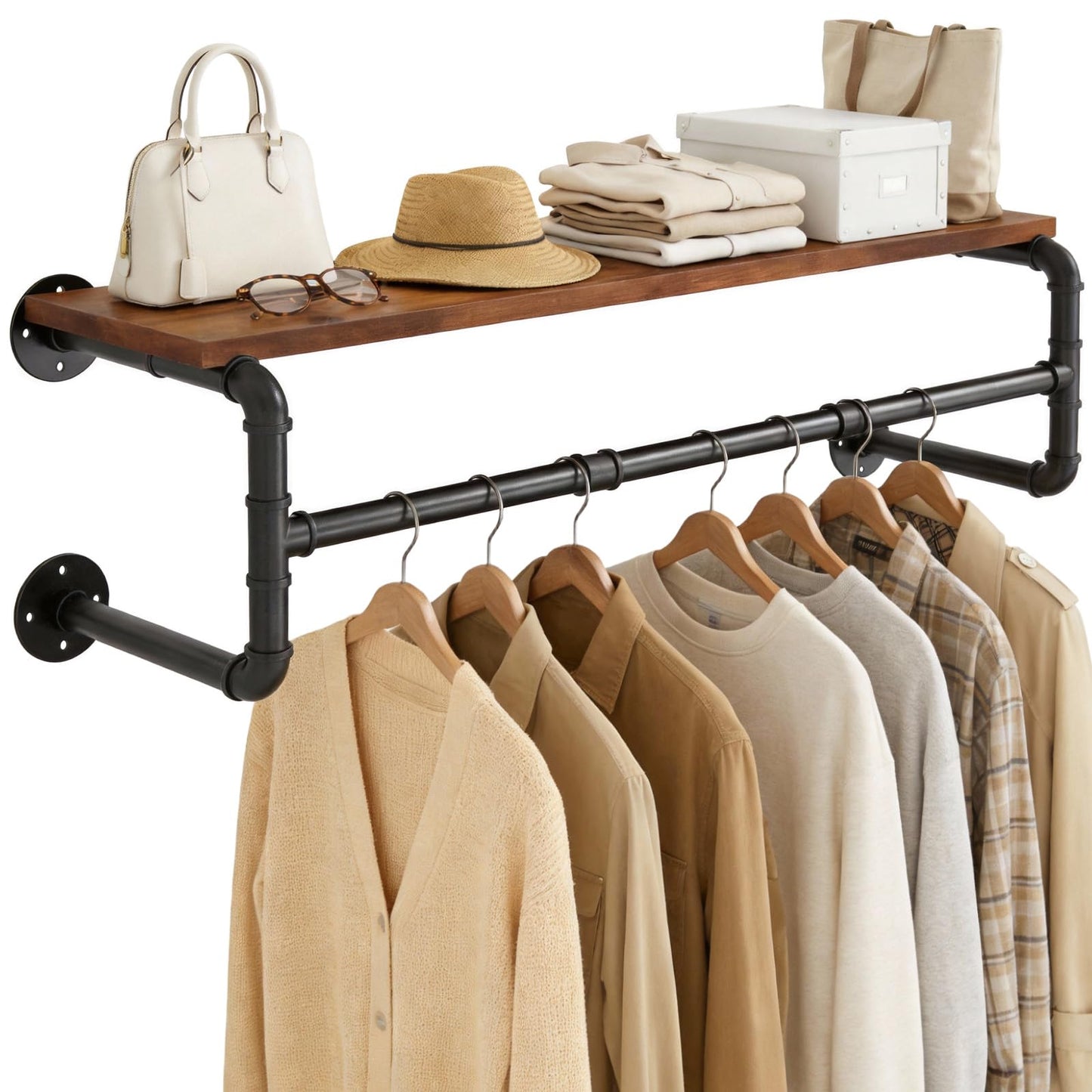 NBOUOU Wall Mounted Clothes Rail, 100cm Industrial Pipe Clothing Rack with Top Shelf, Shelves Clothes Hanging Rail Storage Organizer
