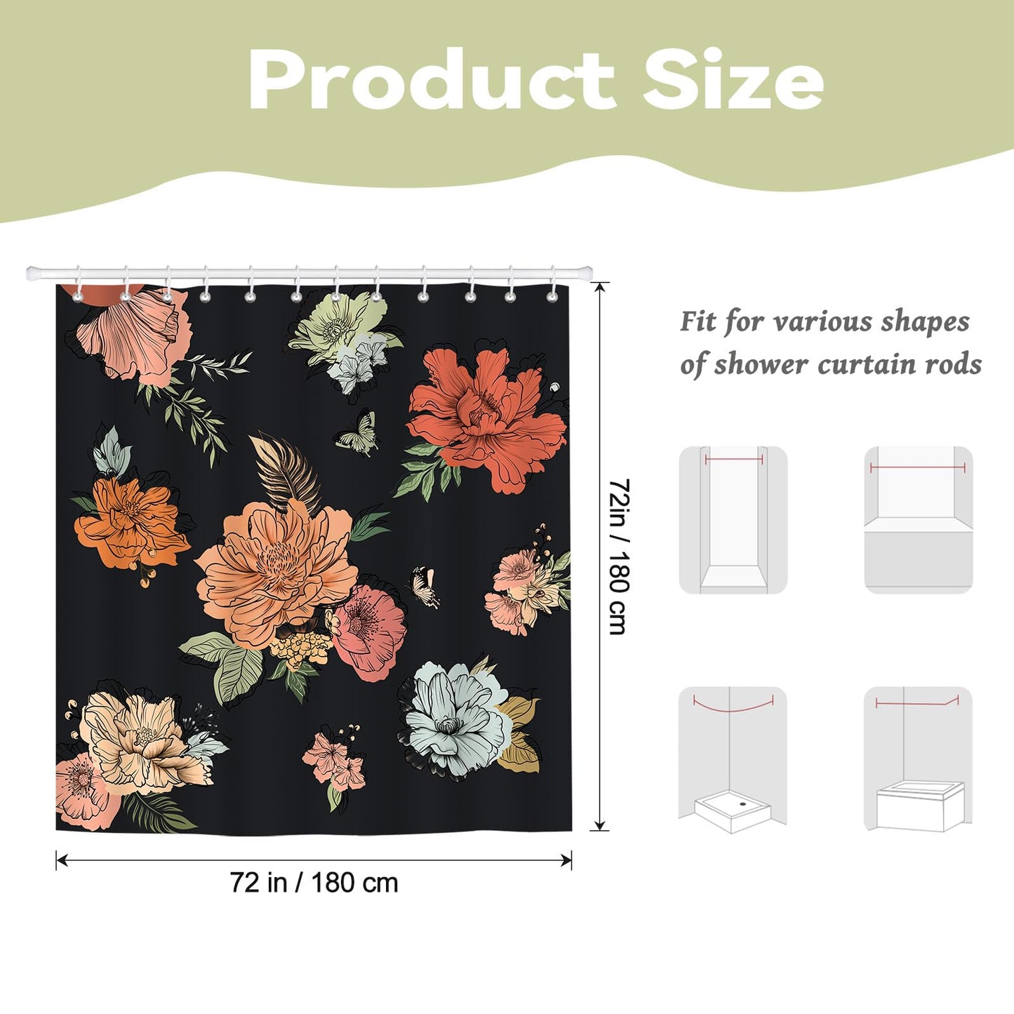 BREASOME Waterproof Shower Curtain 180 x 180 cm Floral and Butterfly Shower Curtain for Bathroom Decor Mould Proof Polyester Fabric Bath Curtain with