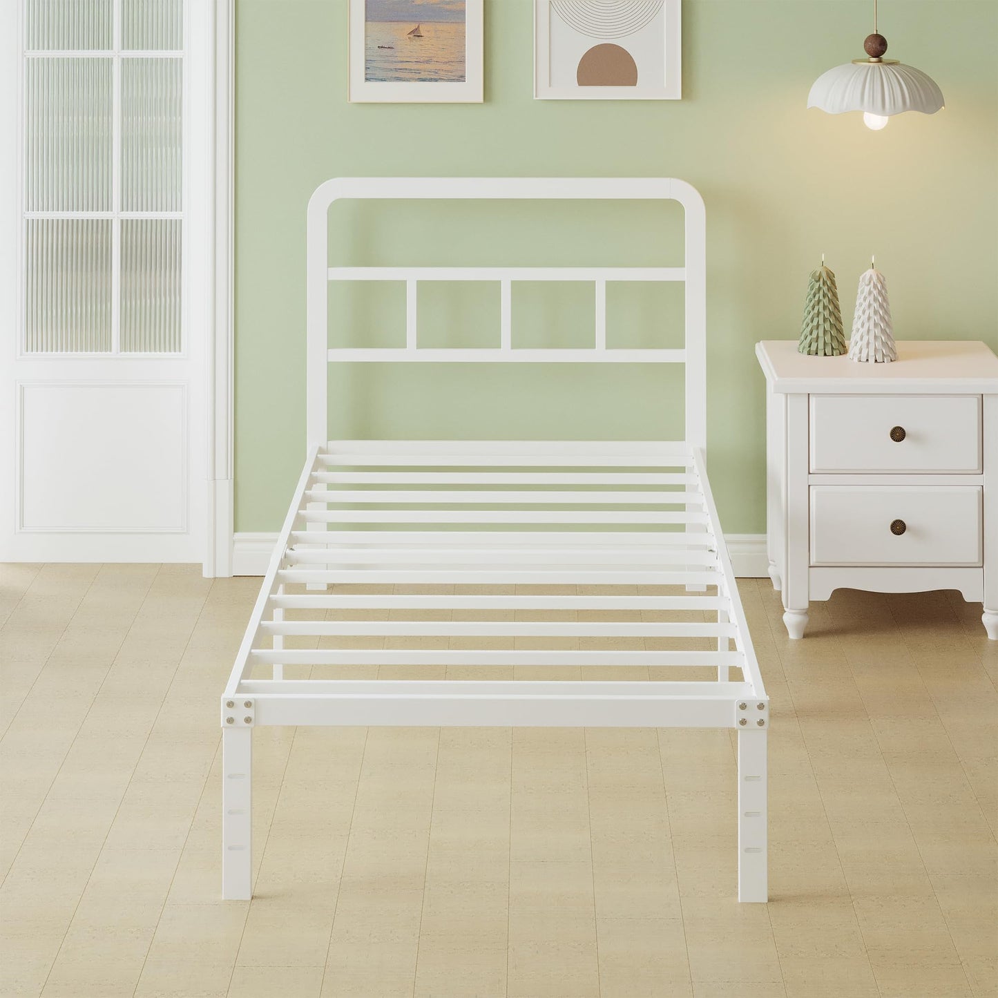 Lutown-Teen 36 cm High Metal Single Bed Frame 90x200 with Curved Headboard, European Single Bed Frame 90 x 200cm with Steel Slats, Storage Space