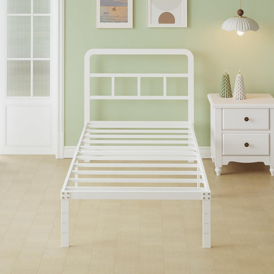 Lutown-Teen Metal Single Bed Frame 3ft with Curved Headboard, 36 cm High, Heavy Duty White Metal Bed Frames Single with Steel Slats, Ample Storage
