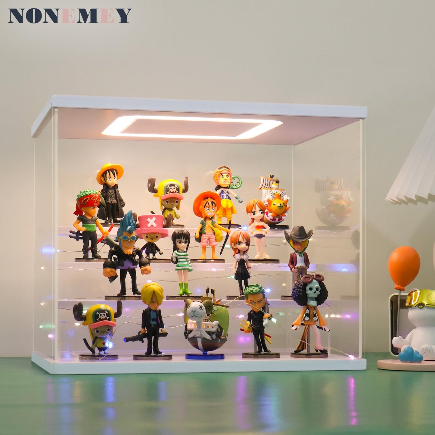 NONEMEY Clear Acrylic Display Case Stand with LED Light 2/3/4/5/6 Tier Storage Box Showcase Dustproof Organizer Box for Collectibles
