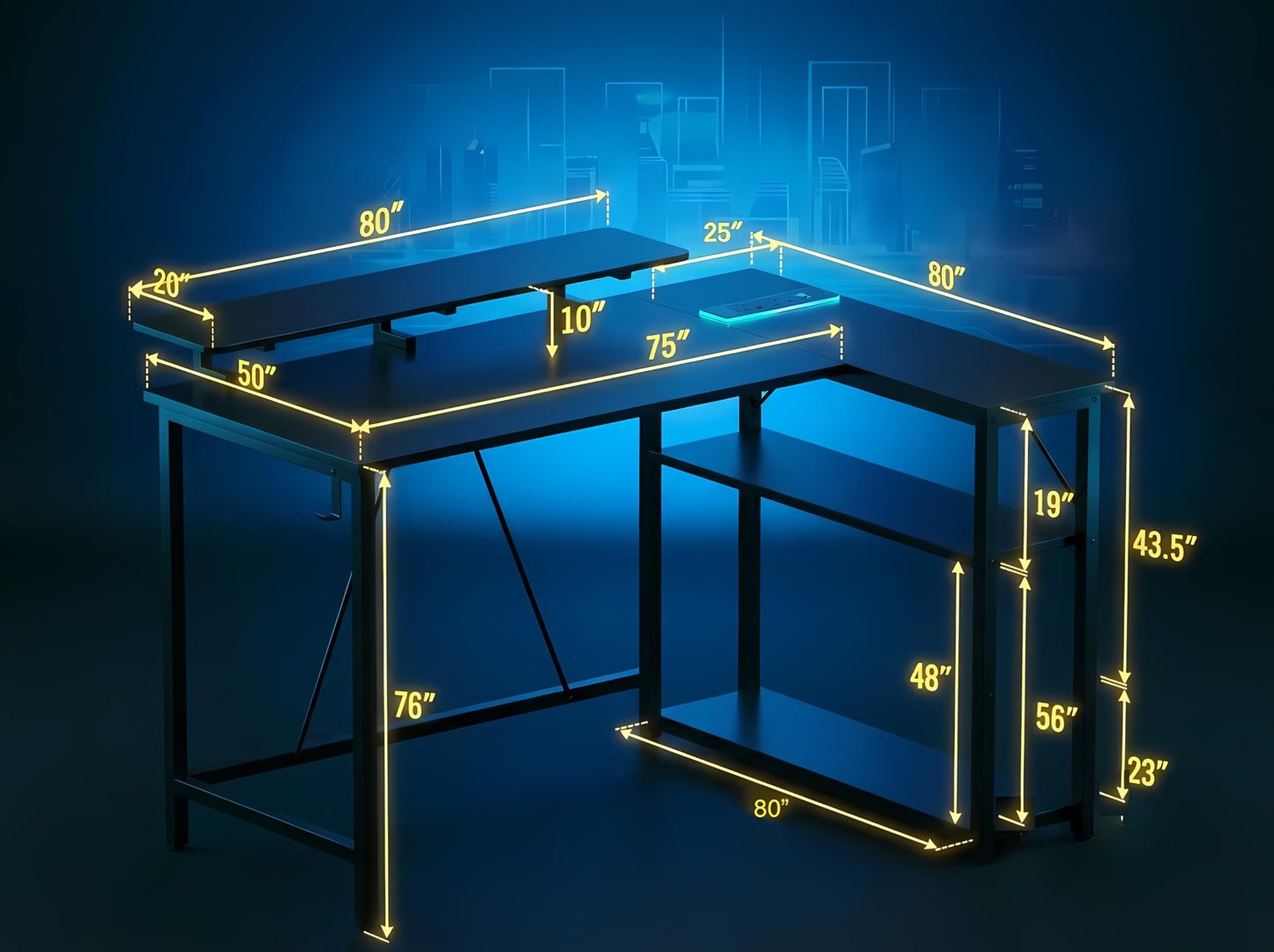 Xyphren L Shaped Gaming Desk with RGB LED Lights & Power Outlets,Corner Computer Desk with Adjustable Shelves
