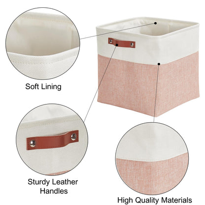 Mangata Collapsible Storage Cube Boxes, 33CM Cube Linen Woven Fabric Storage Baskets with Leather Handles 3PCSPink and White