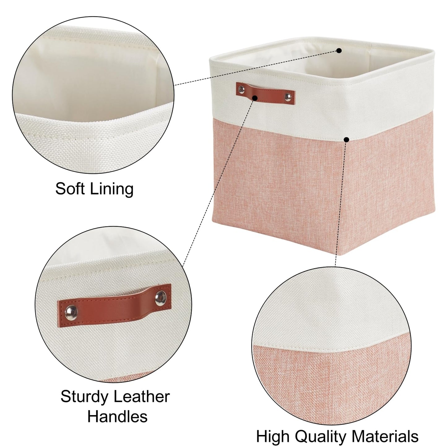 Mangata Collapsible Storage Cube Boxes, 28CM Cube Linen Woven Fabric Storage Baskets with Leather Handles 3PCS(Pink and White)